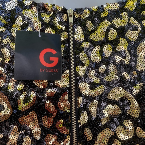 G Guess Black Sequins Mini Dress Size XS Gold Ranji Cheetah Sexy Animal Print - Picture 7 of 12